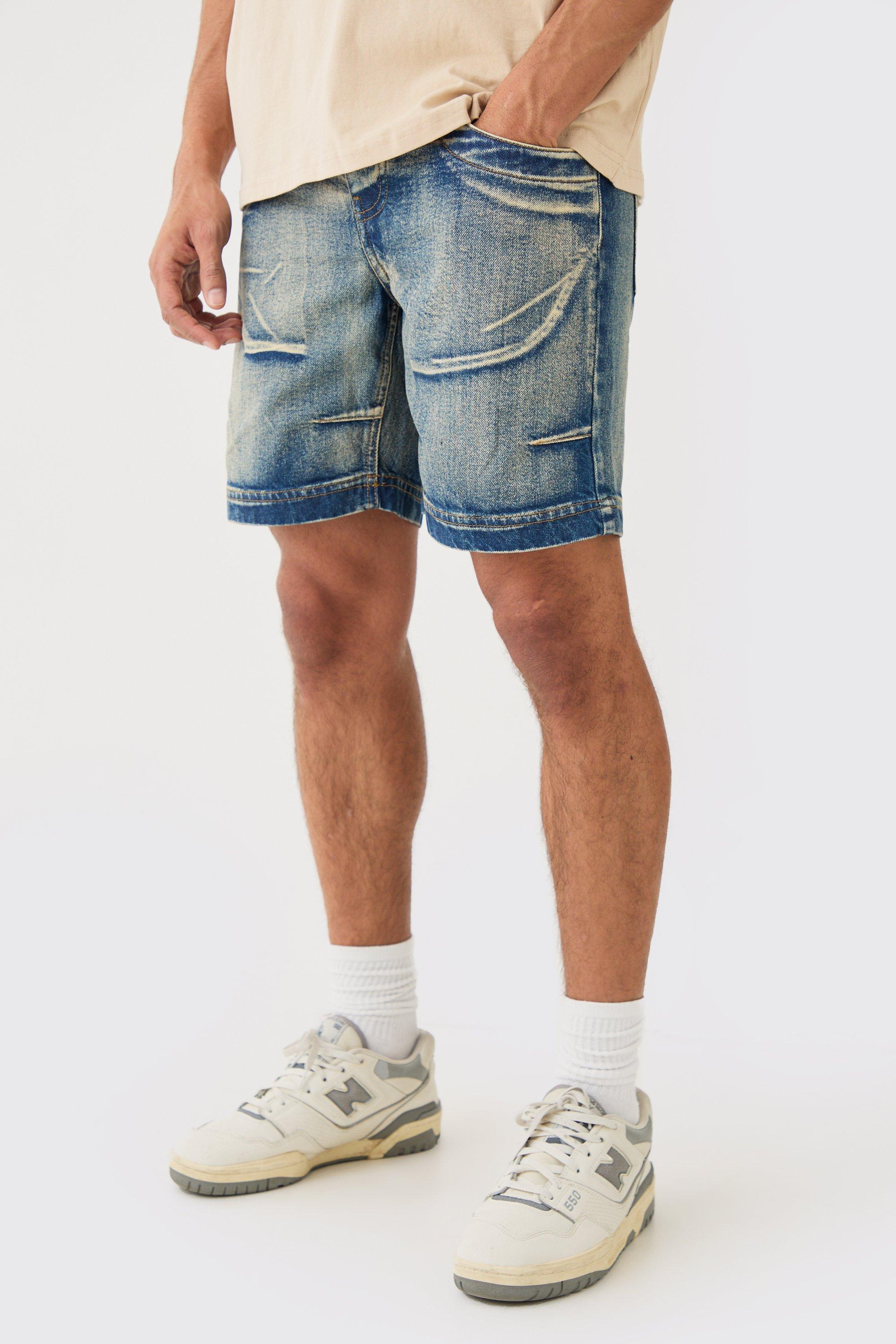 Mens Slim Rigid Denim Short In Vintage Blue, Blue